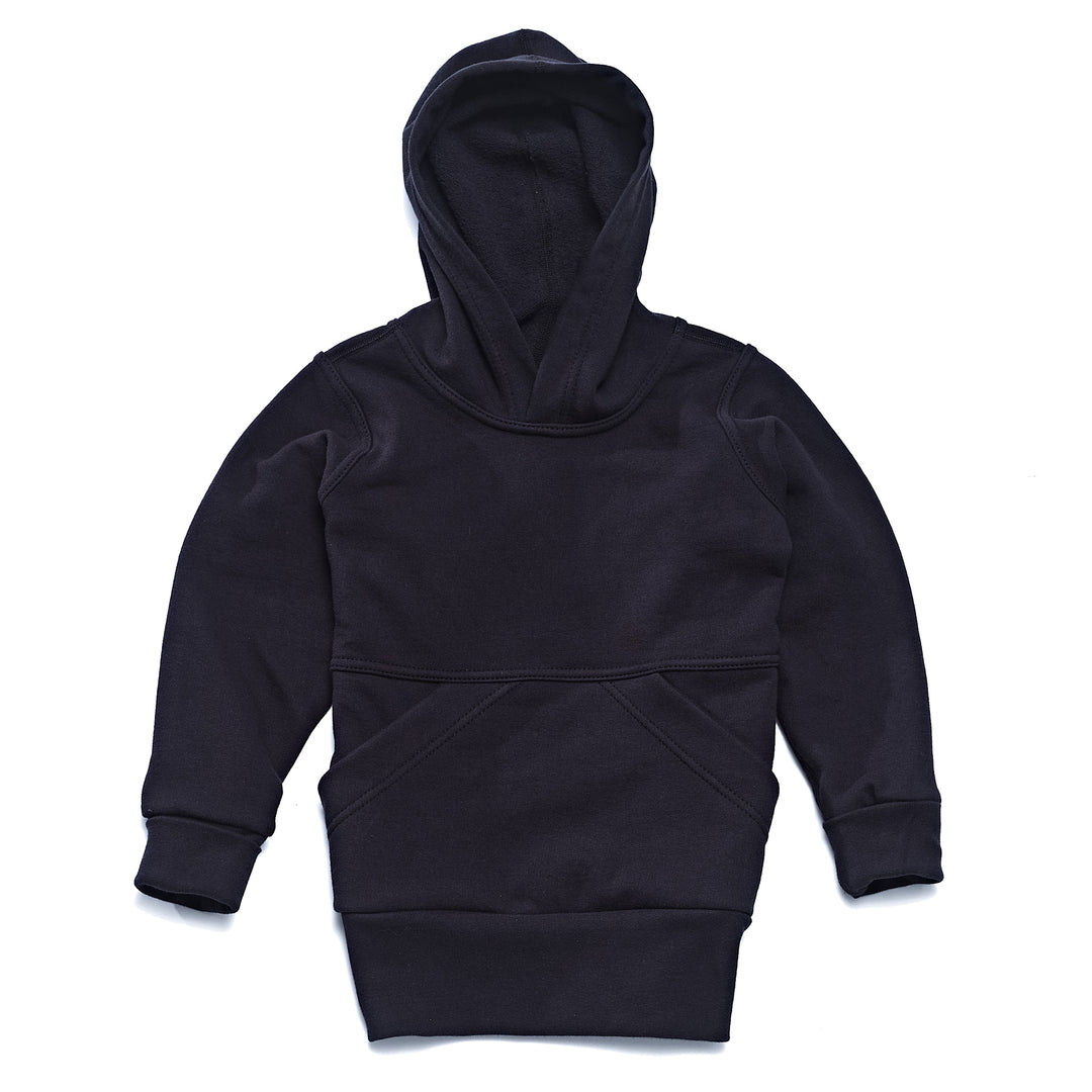 A black children's hoodie with a hood, long grow with me sleeves, and a front pocket, displayed against a white background.