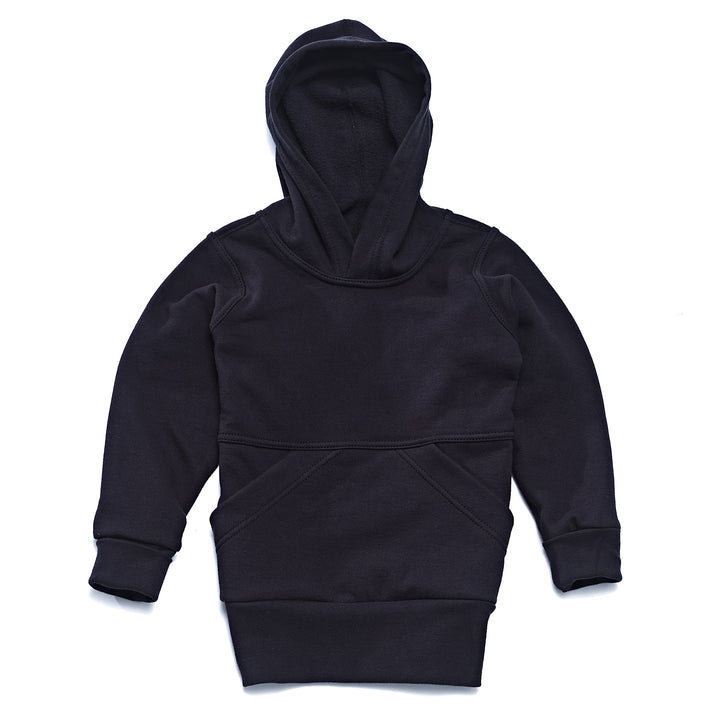 A black children's hoodie with a hood, long grow with me sleeves, and a front pocket, displayed against a white background.