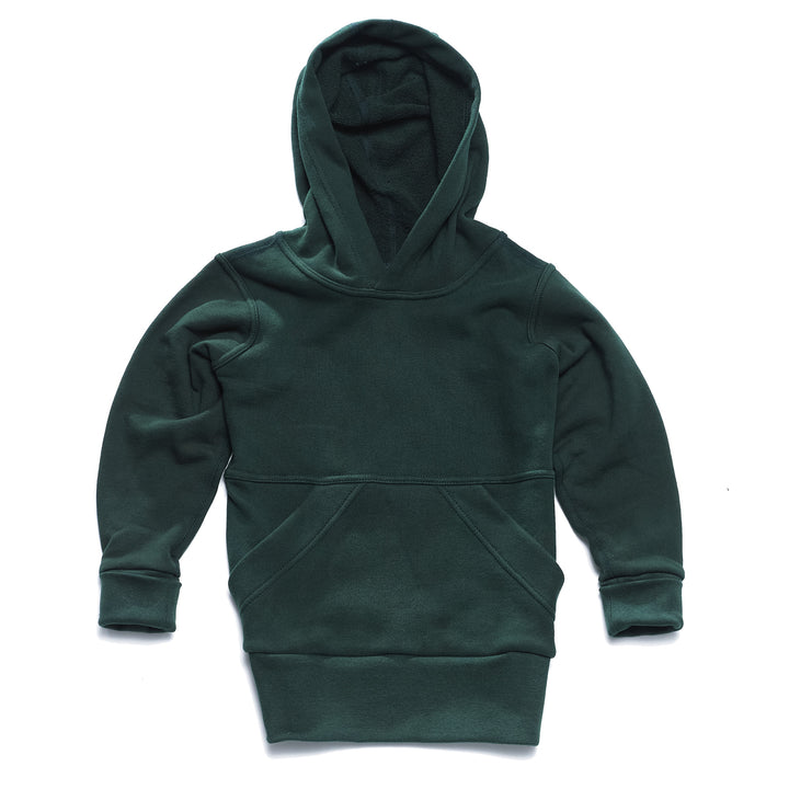 A dark green children's hoodie with a hood, long grow with me sleeves, and a front pocket, displayed against a white background.
