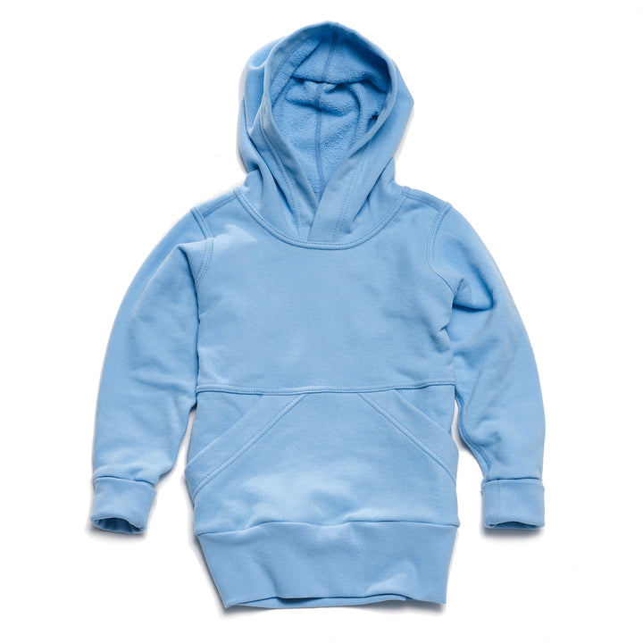 A light blue children's hoodie with a hood, long grow with me sleeves, and a front pocket, displayed against a white background.