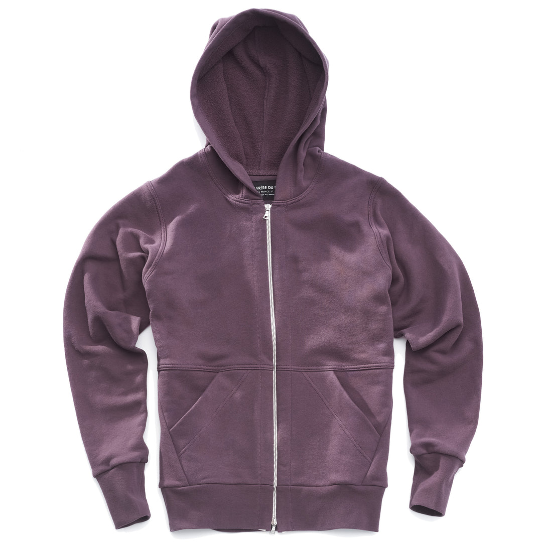 A purple hoodie with silver two way zipper and two front pockets.