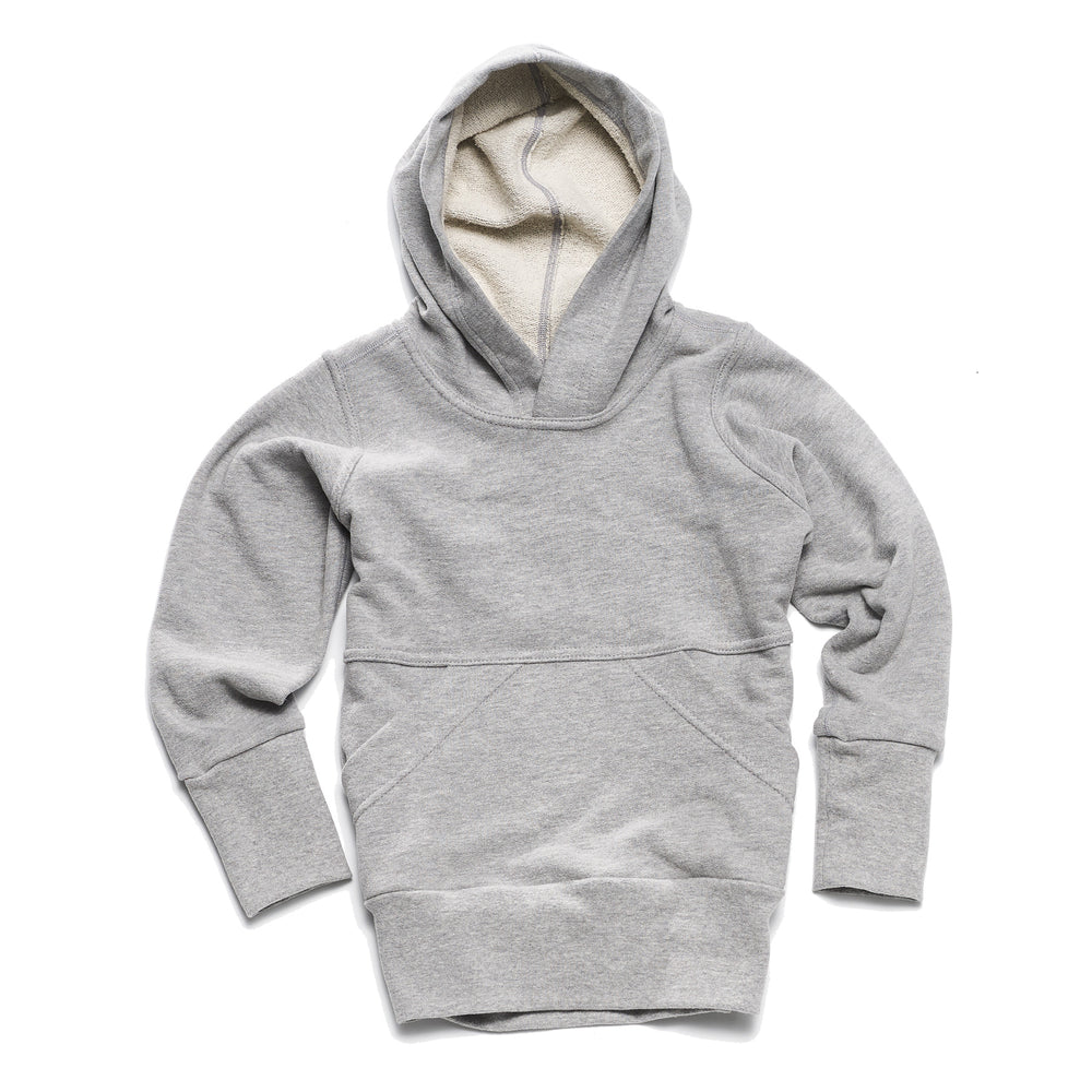 A heather grey children's hoodie with a hood, long grow with me sleeves, and a front pocket, displayed against a white background.