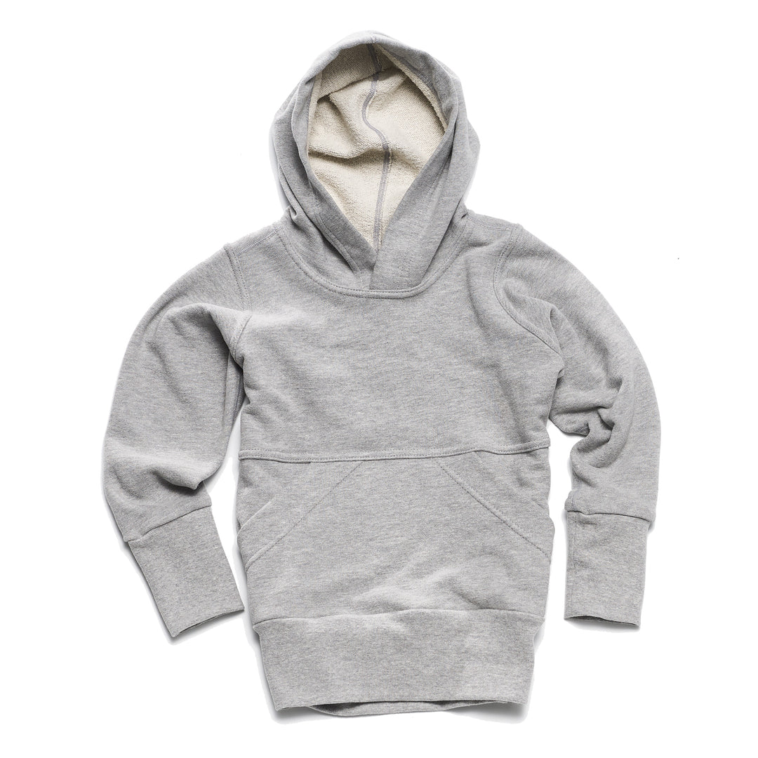 A heather grey children's hoodie with a hood, long grow with me sleeves, and a front pocket, displayed against a white background.