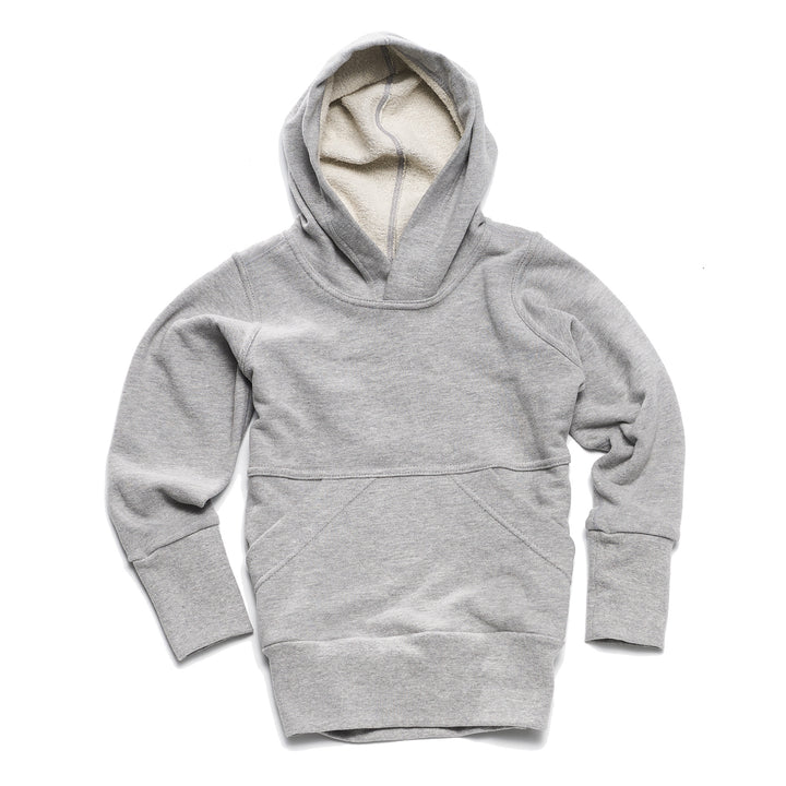 A heather grey children's hoodie with a hood, long grow with me sleeves, and a front pocket, displayed against a white background.