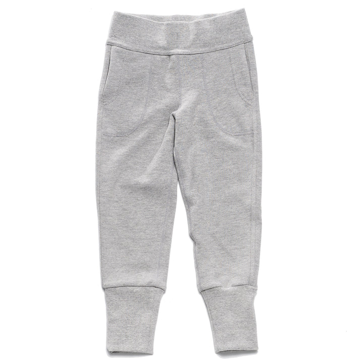 A pair of heather grey children's pants with flatlocked seams, top stitched waistband, and  grow with me cuffs rolled up slightly.