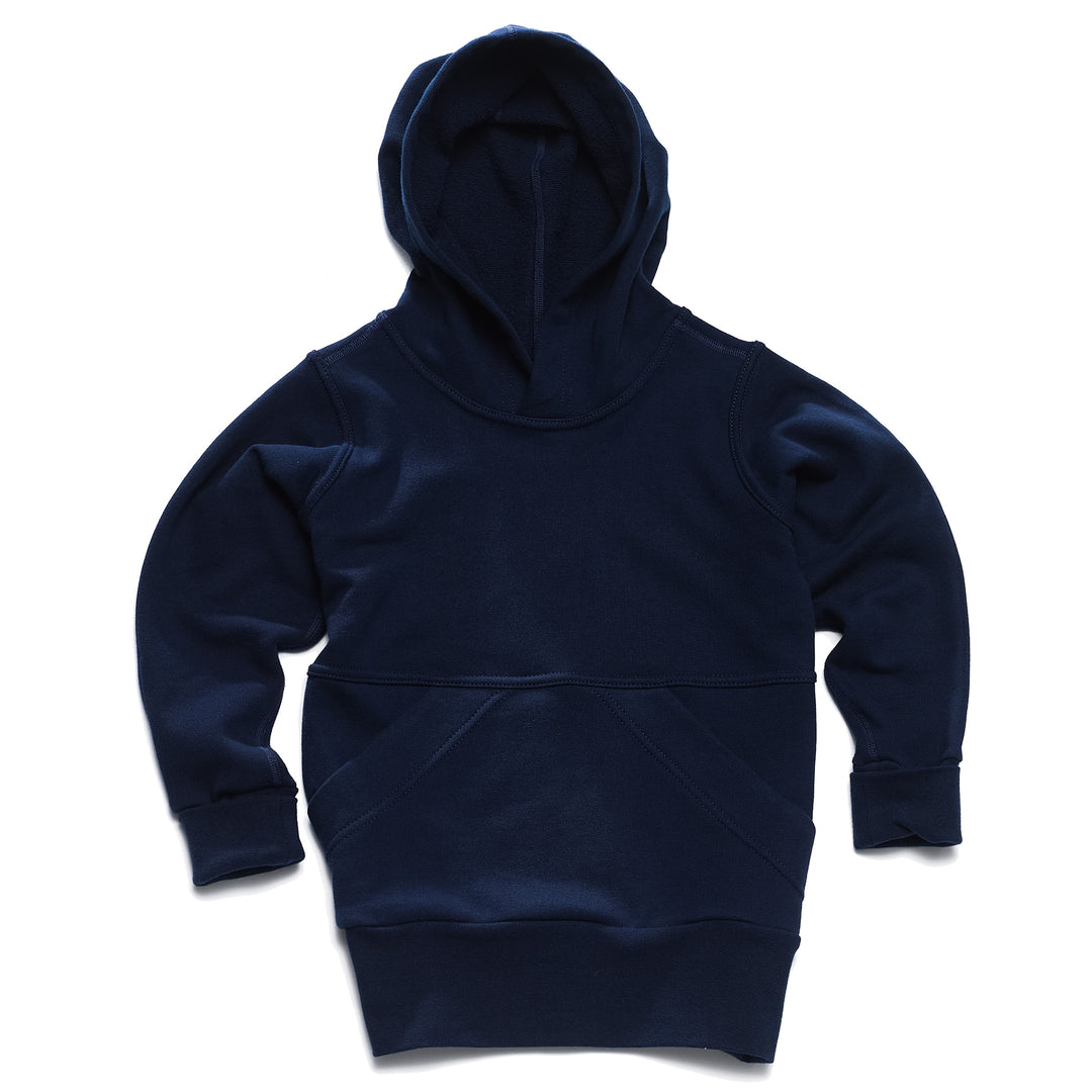 A navy children's hoodie with a hood, long grow with me sleeves, and a front pocket, displayed against a white background.