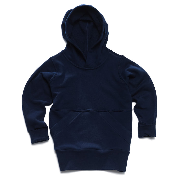 A navy children's hoodie with a hood, long grow with me sleeves, and a front pocket, displayed against a white background.