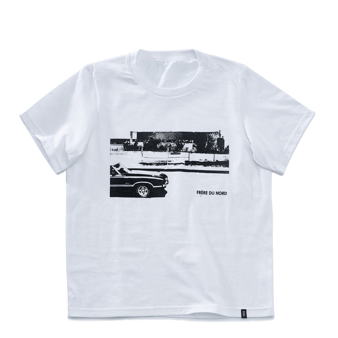 White tshirt with Black car graphic