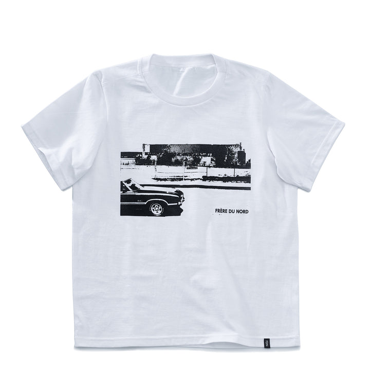 White tshirt with Black car graphic
