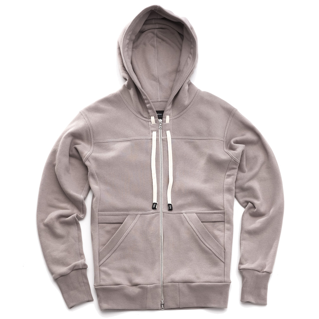 A grey hoodie with silver two way zipper, two front pockets and white drawstring.