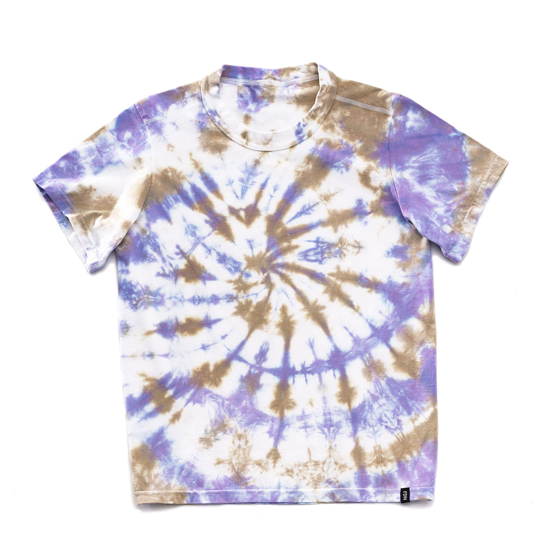 A tie-dyed t-shirt in ultra violet and khaki with a 1" rib collar, displayed on a white background.