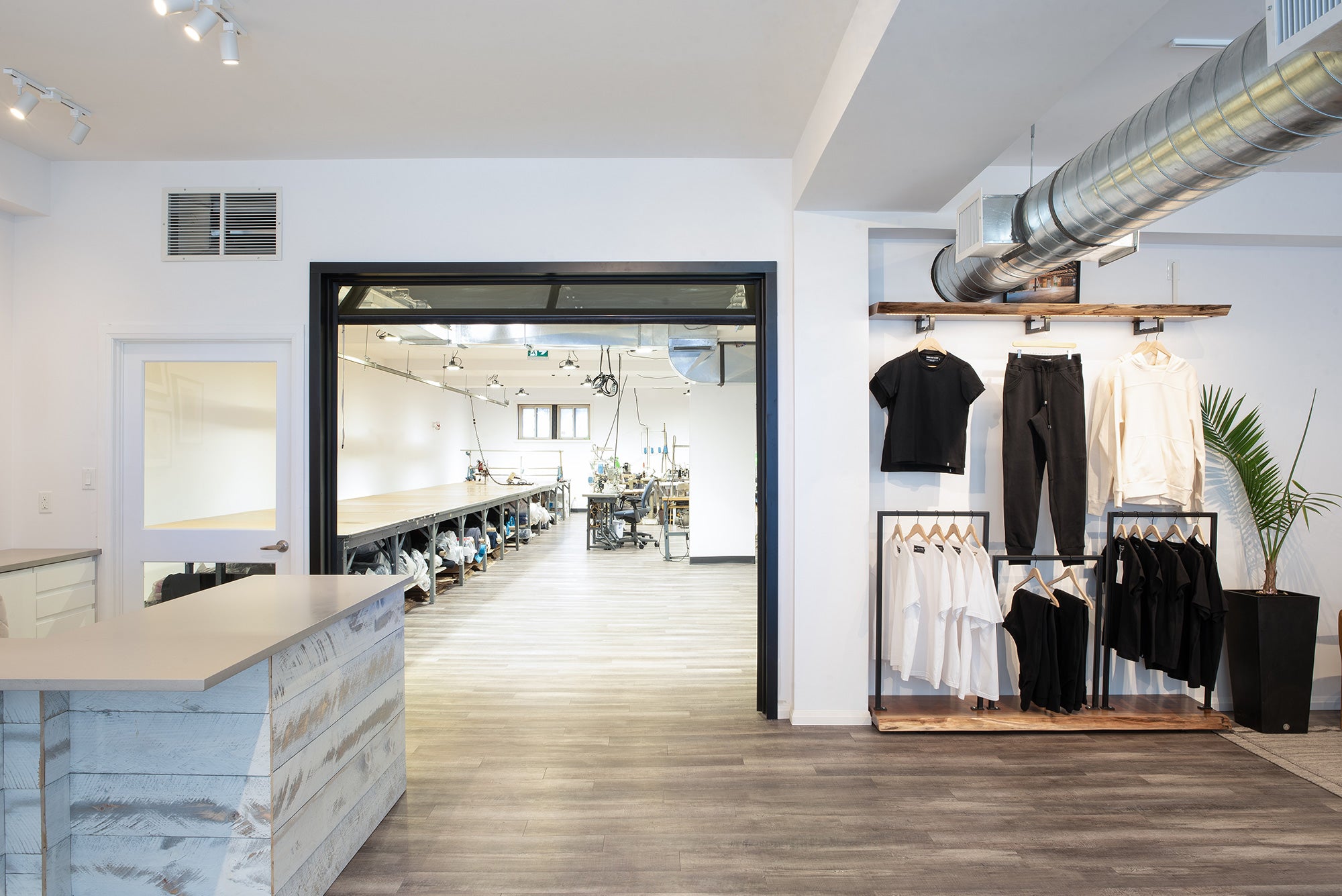 Frere du Nord retail store and sewing factory in Oshawa Ontario. Clothing made in Canada. Canadian sewing factory