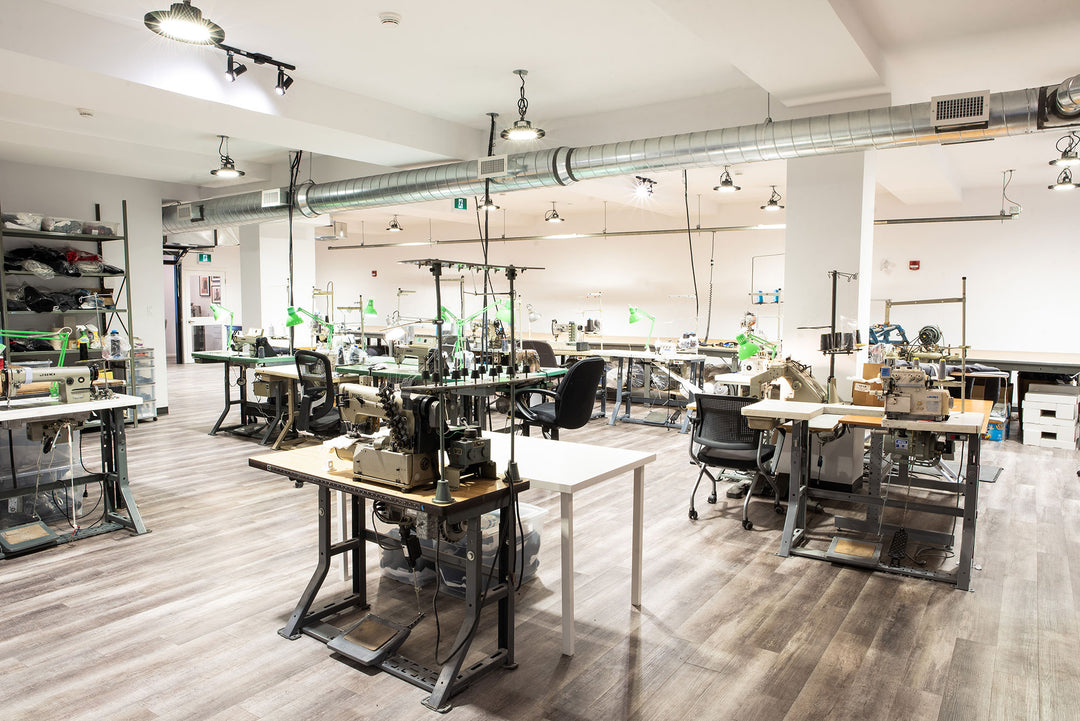 Frere du Nord sewing factory in Oshawa ontario. Made in Canada clothing. Industrial Sewing machines