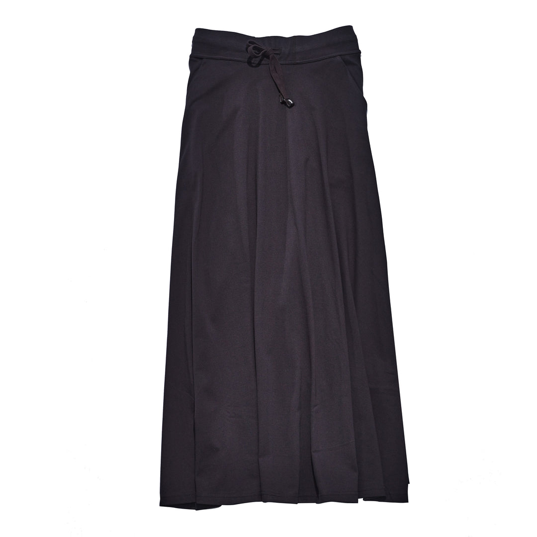 A black flared jersey skirt with a drawcord waistband and side pockets.