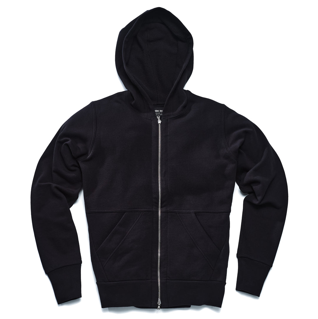 A black hoodie with silver two way zipper and two front pockets.