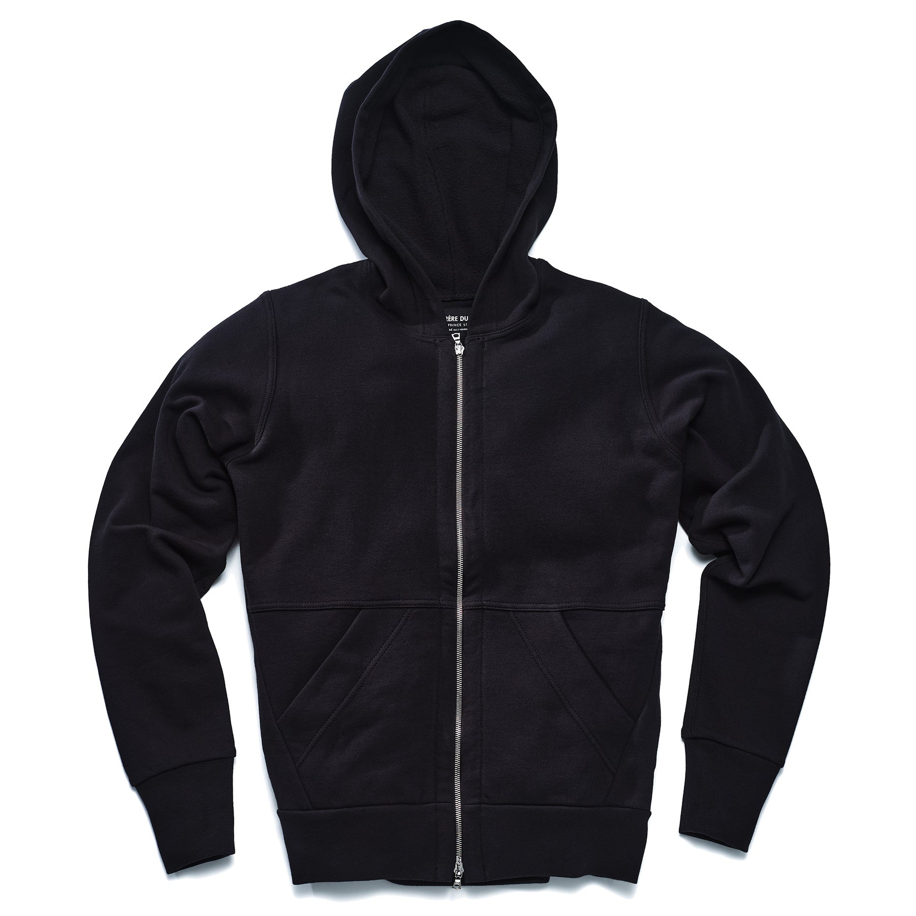 A black hoodie with silver two way zipper and two front pockets.