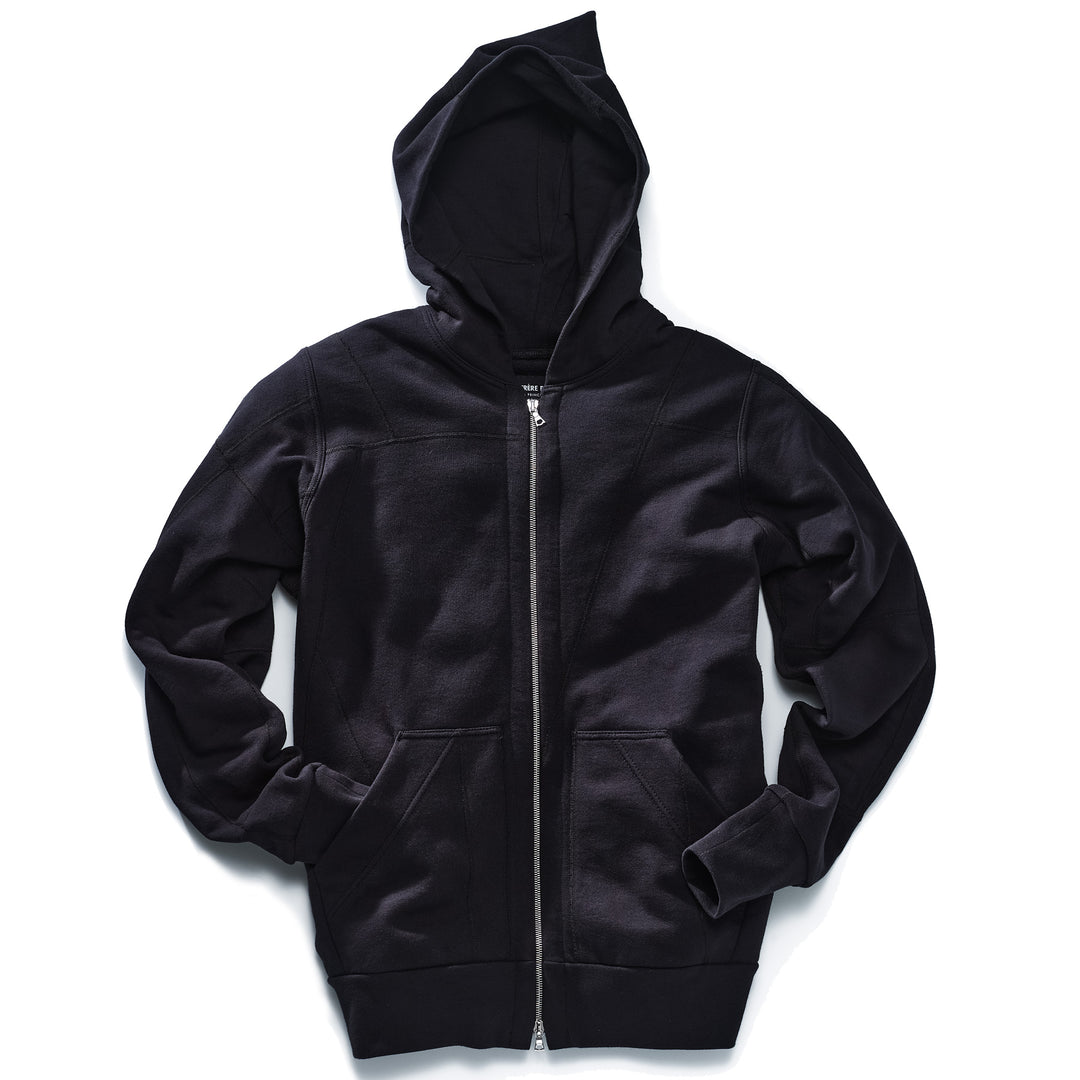 A black patchwork riri zip hoodie with a double-lined hood and front pockets.