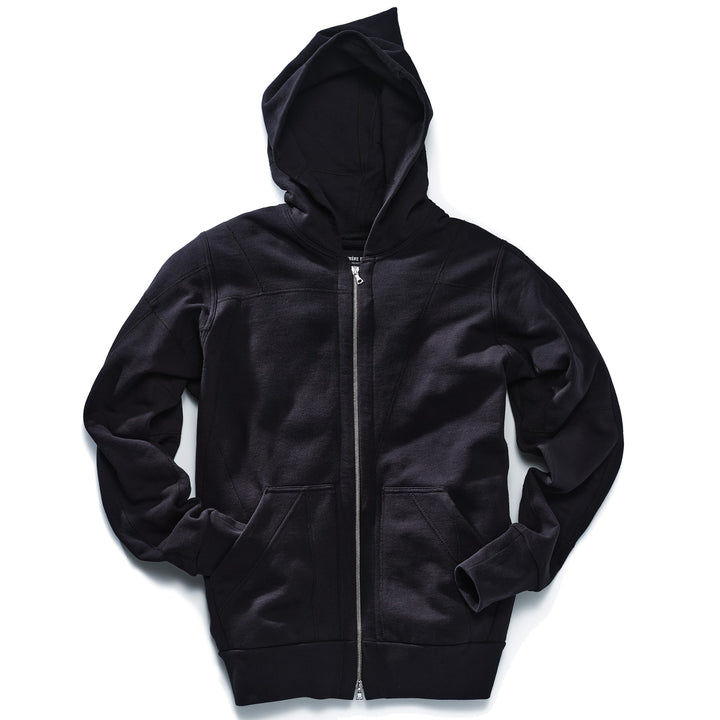 A black patchwork riri zip hoodie with a double-lined hood and front pockets.