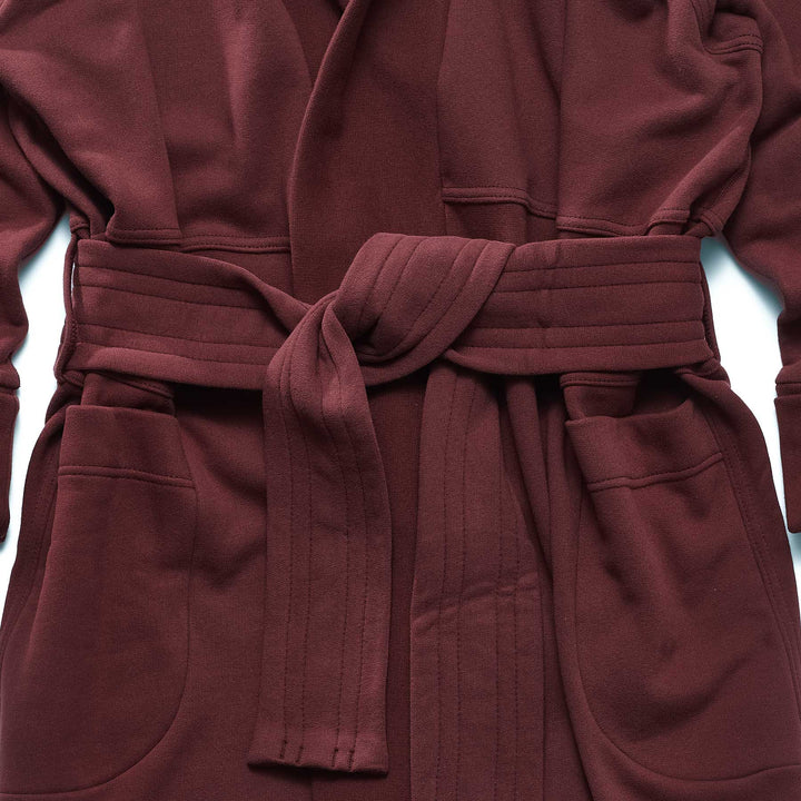 Boxer Robe - Bureau (Maroon) - Detail of  wide belt tied in front. Double pockets and topstitched seams - Laid flat - 100% french terry - Made in Canada - FRÈRE DU NORD
