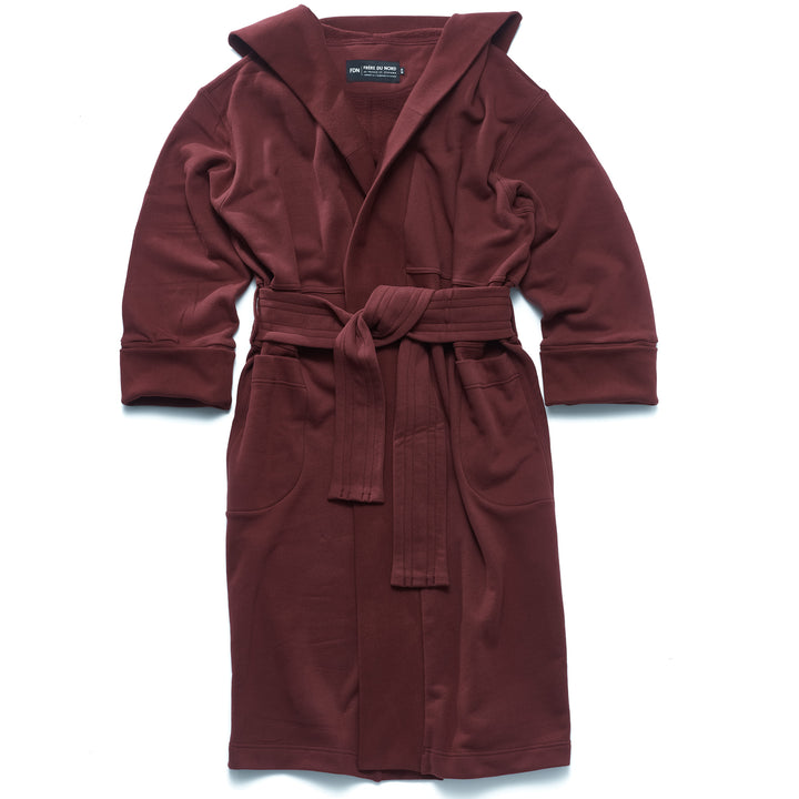 Boxer Robe - Bureau (Maroon) - with double pockets, a big hood and a wide rib lapel. Wide belt tied in front. Rib cuff on sleeves that are folded in half - 100% french terry - Made in Canada - FRÈRE DU NORD
