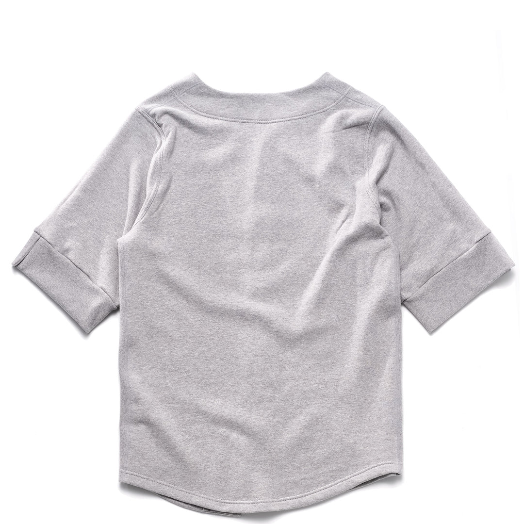 Baseball Jersey in Heather Grey, back view, laid flat