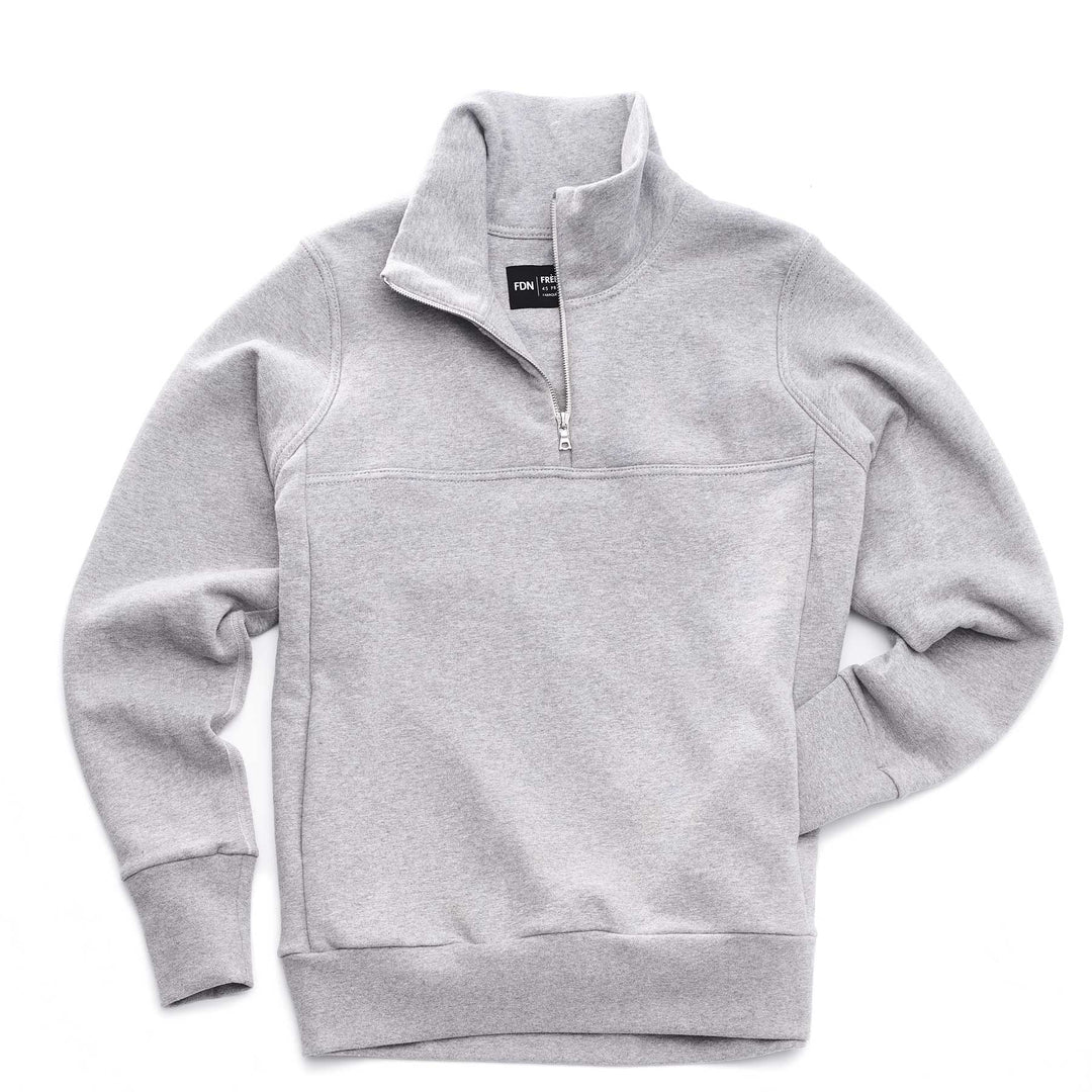 Quarter Zip Sweatshirt - Heather Grey - Riri metal zipper opened - With sleeve shown in front pocket - laid flat - 100% cotton french terry - Made in Canada - FRÈRE DU NORD