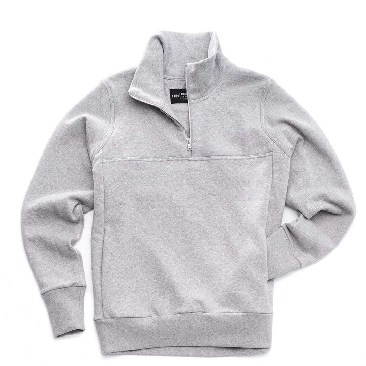 Quarter Zip Sweatshirt - Heather Grey - Riri metal zipper opened - With sleeve shown in front pocket - laid flat - 100% cotton french terry - Made in Canada - FRÈRE DU NORD