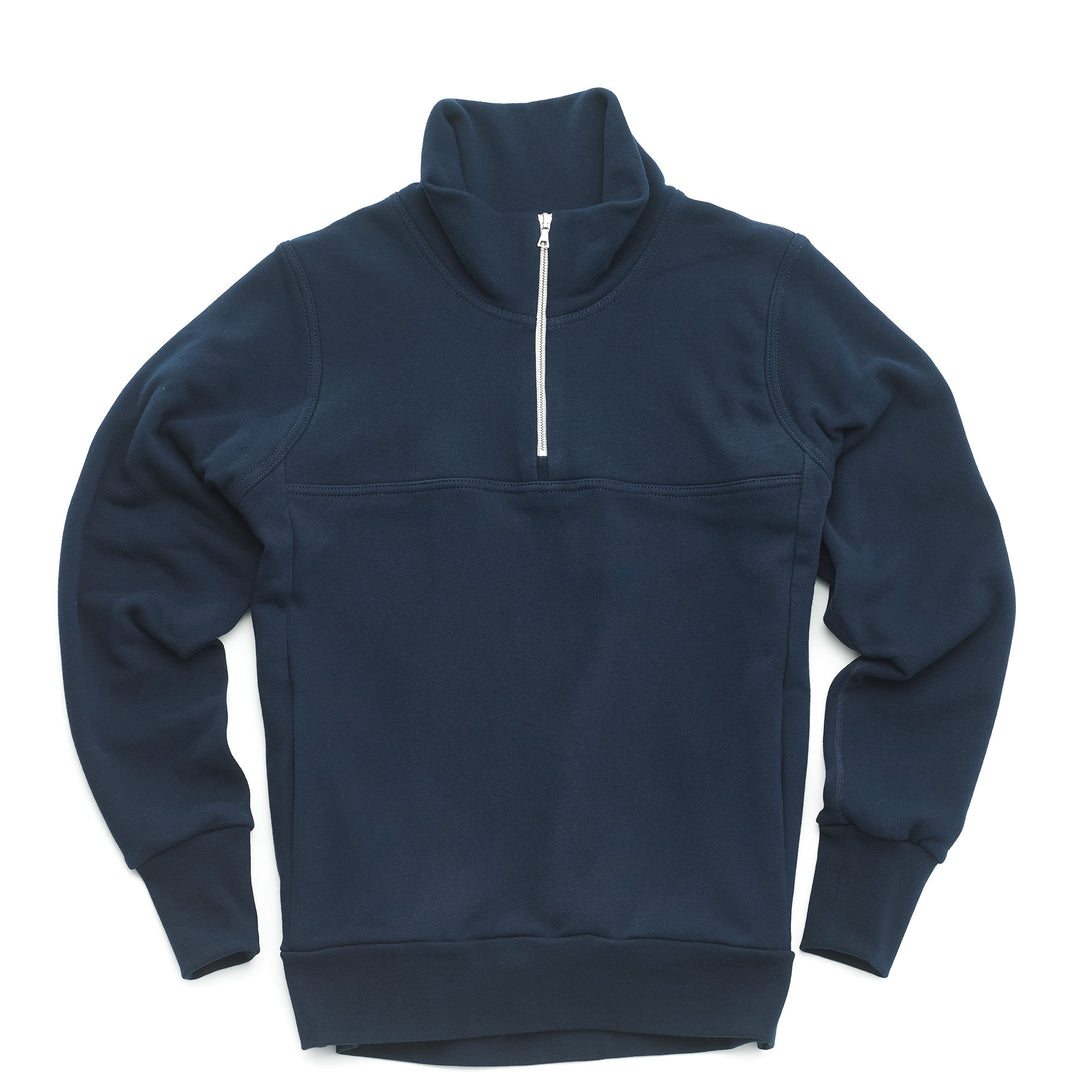Quarter Zip Sweatshirt - Navy - Riri metal zipper - With pockets - laid flat - 100% cotton french terry - Made in Canada - FRÈRE DU NORD