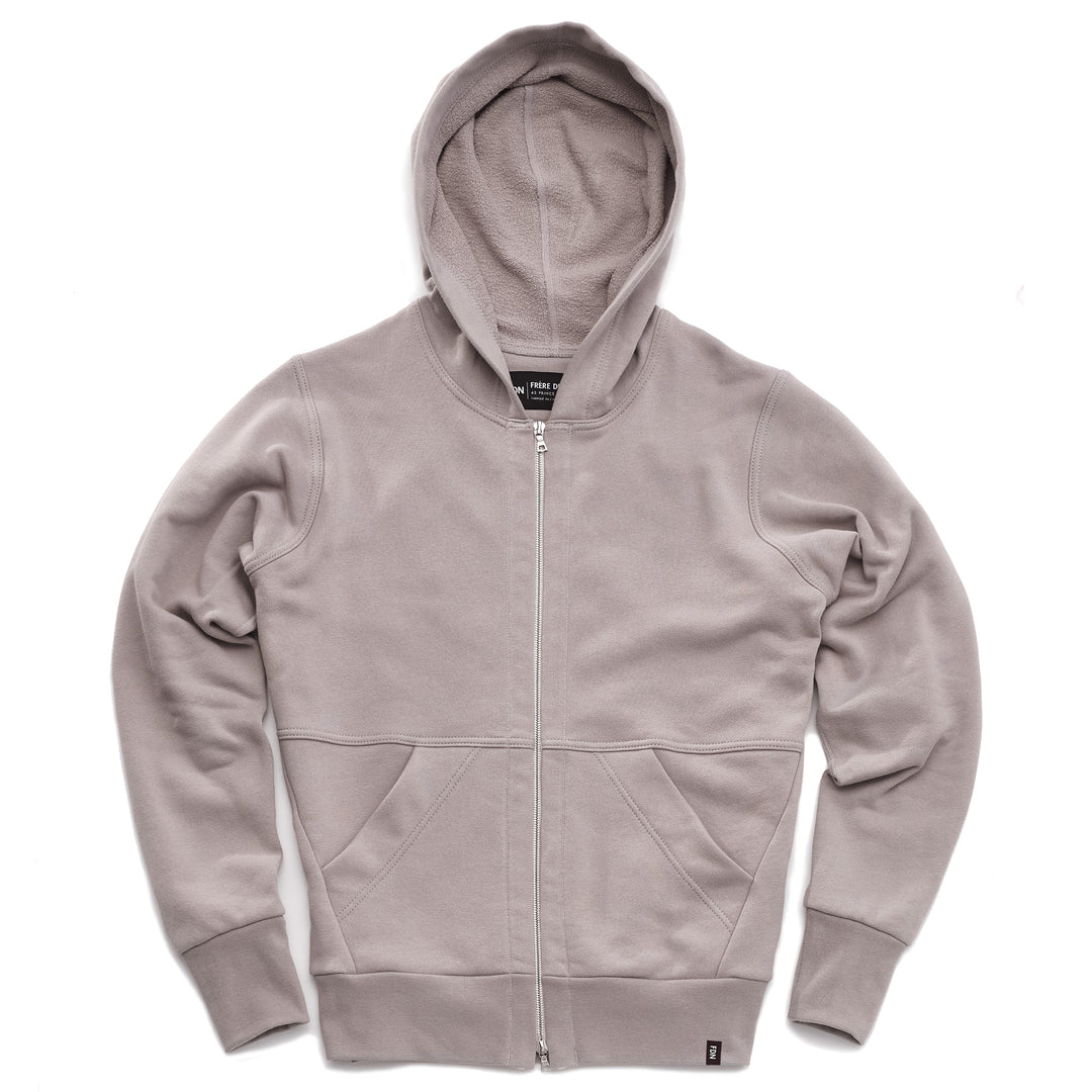 A grey hoodie with silver two way zipper and two front pockets.