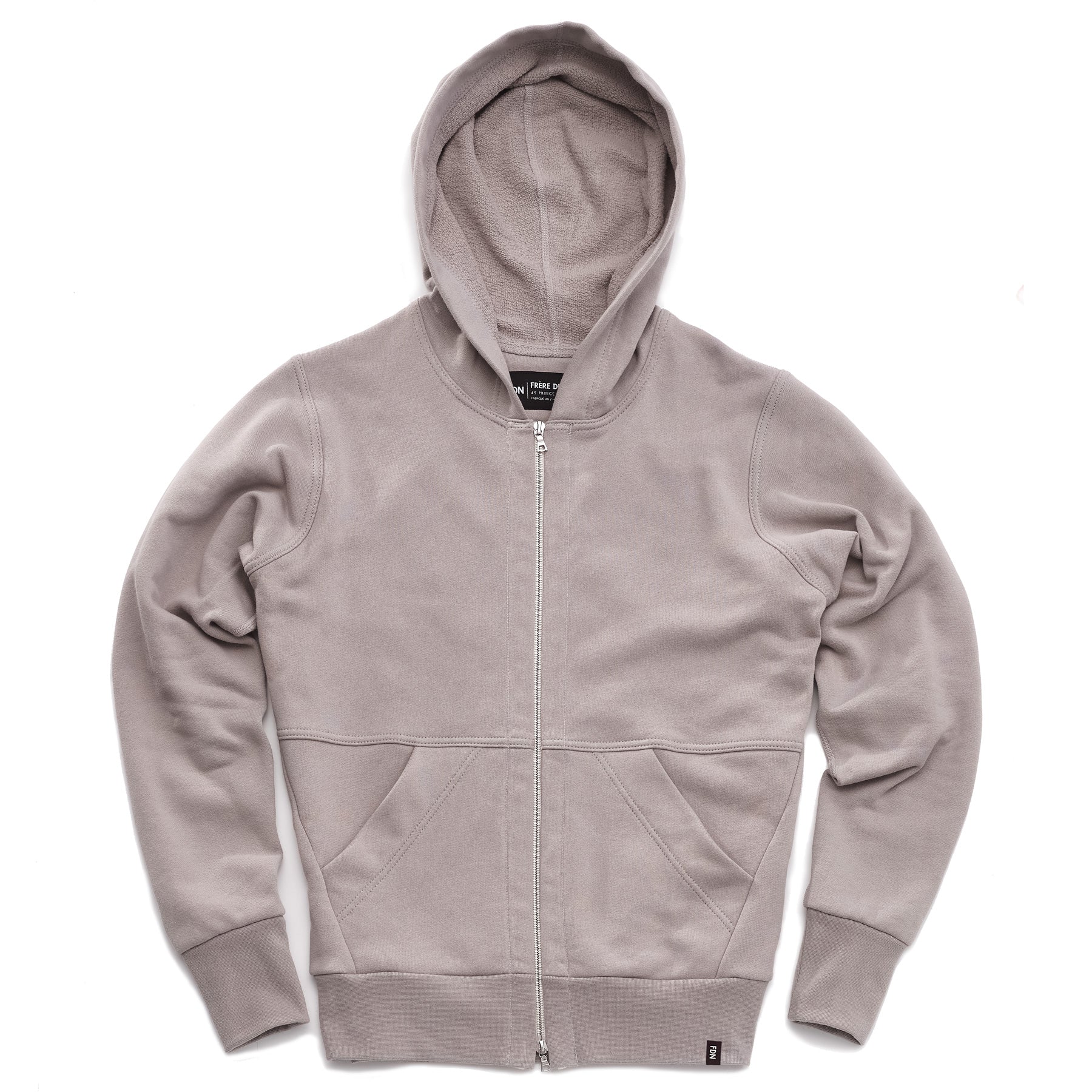 A grey hoodie with silver two way zipper and two front pockets.