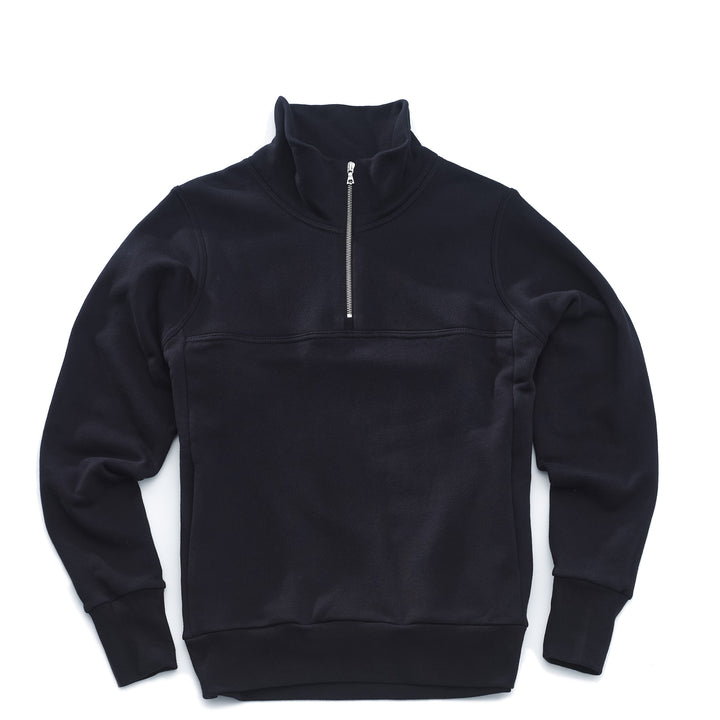 Black pullover sweater with a quarter zip silver zipper on a white background