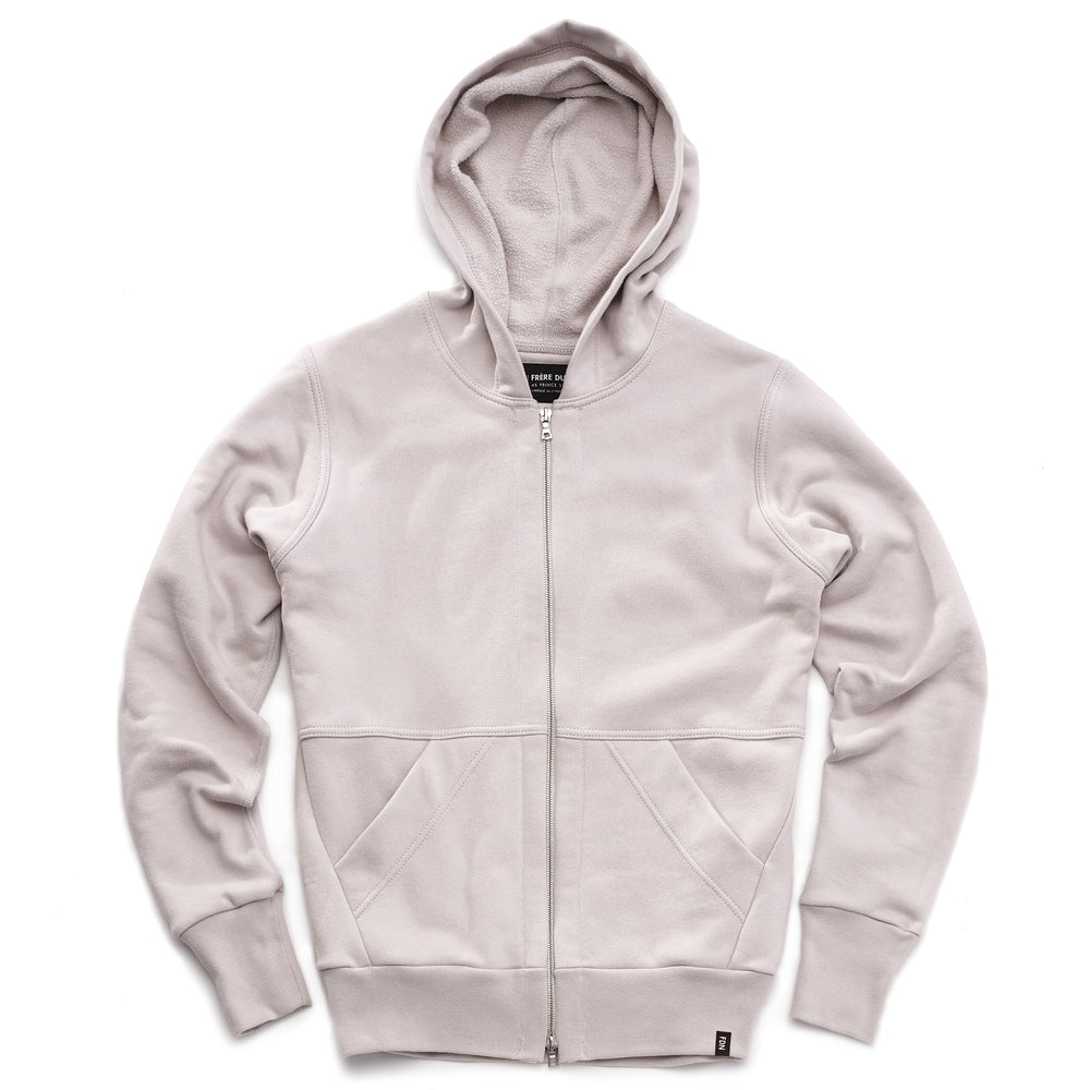 A light grey hoodie with silver two way zipper and two front pockets.