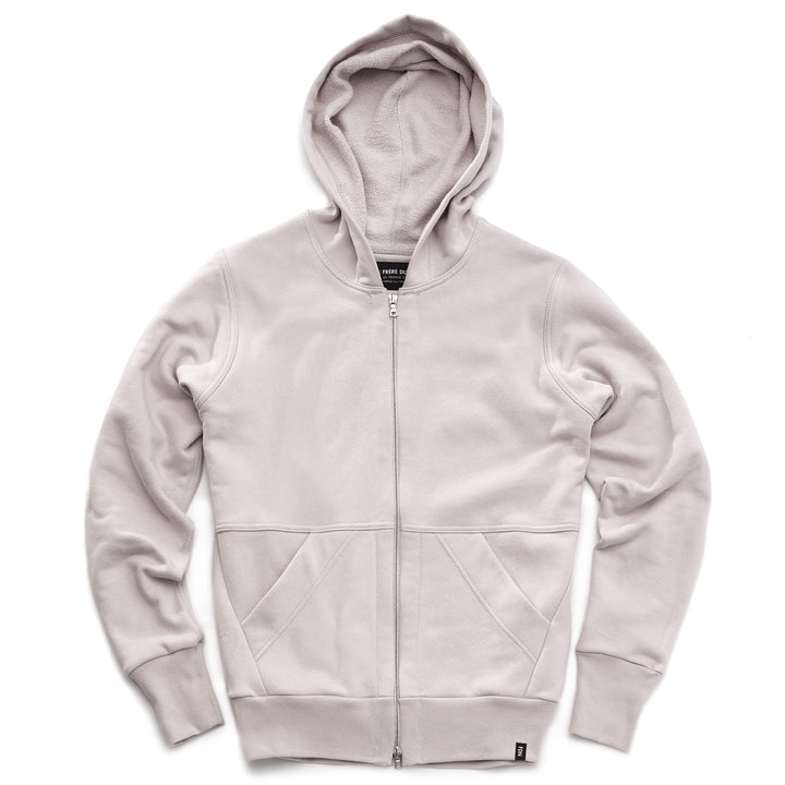 A light grey hoodie with silver two way zipper and two front pockets.