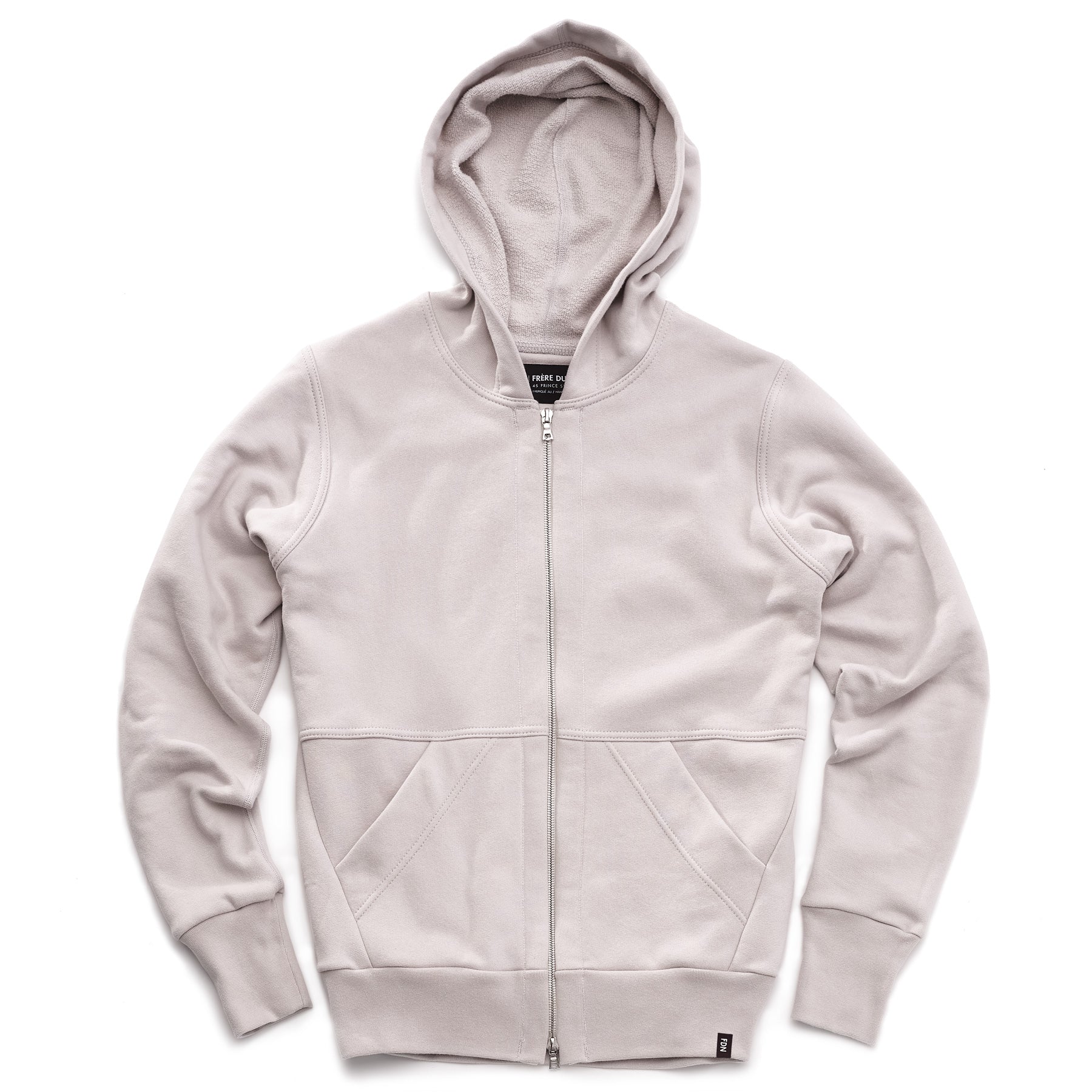 A light grey hoodie with silver two way zipper and two front pockets.