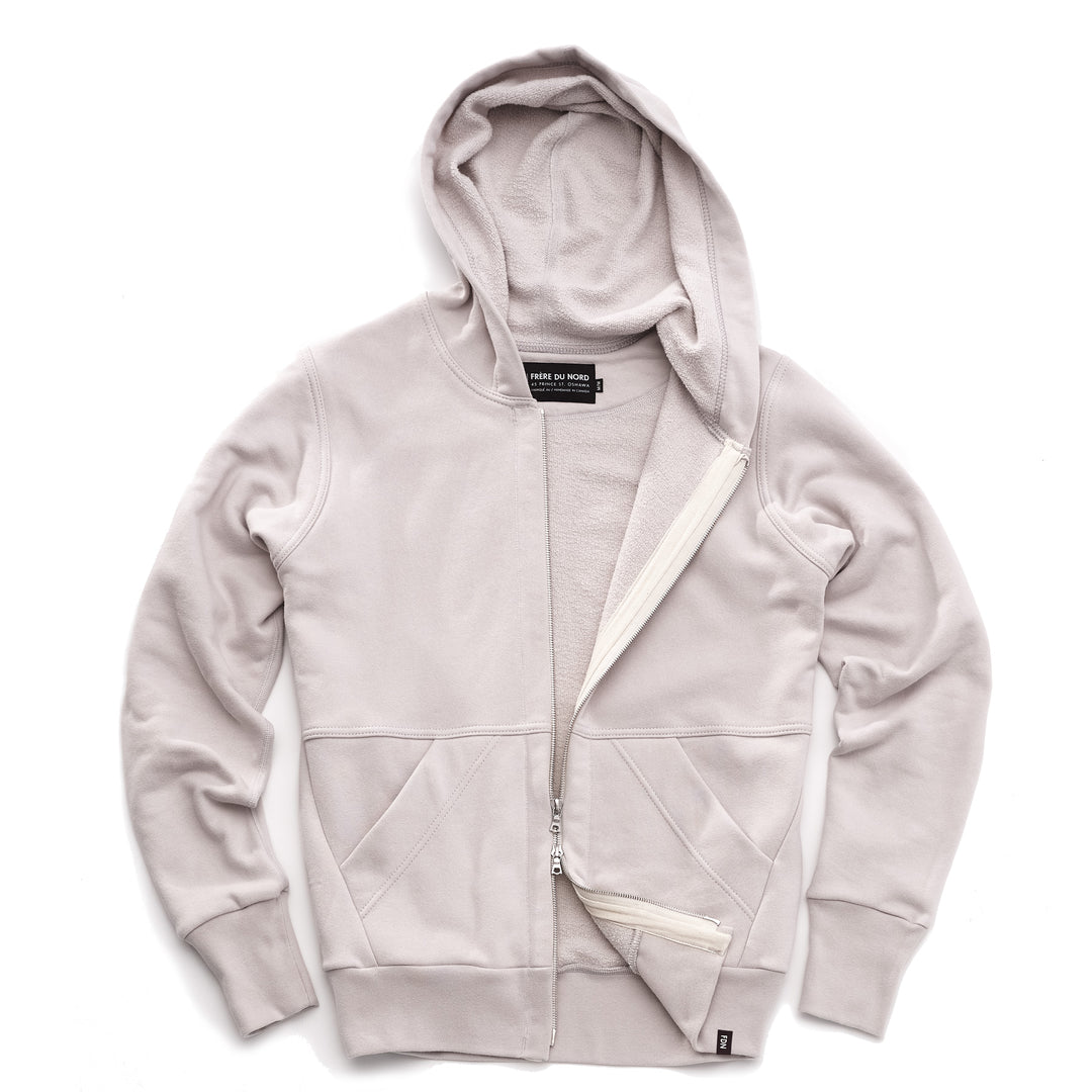 A light grey hoodie with silver two way zipper open and two front pockets.