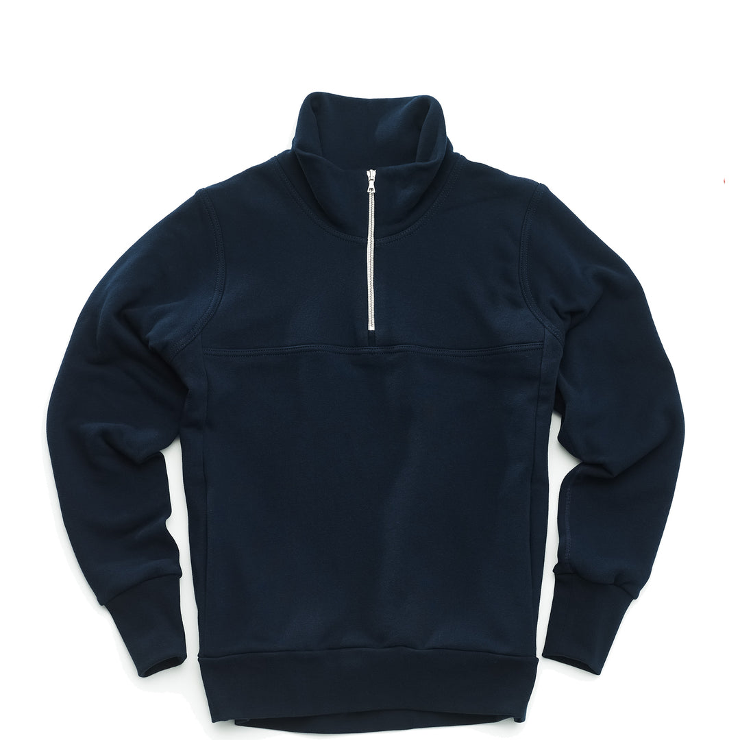 Navy pullover sweater with a quarter zip silver zipper on a white background