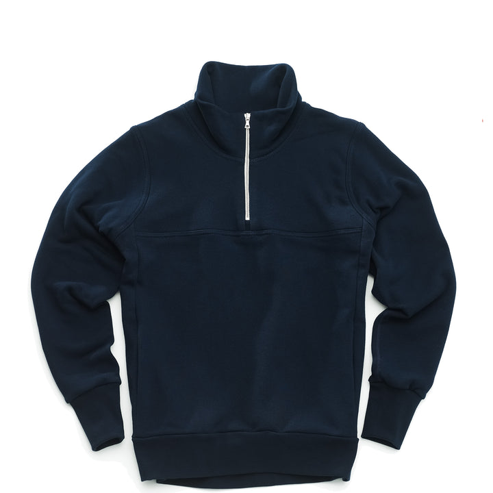 Navy pullover sweater with a quarter zip silver zipper on a white background