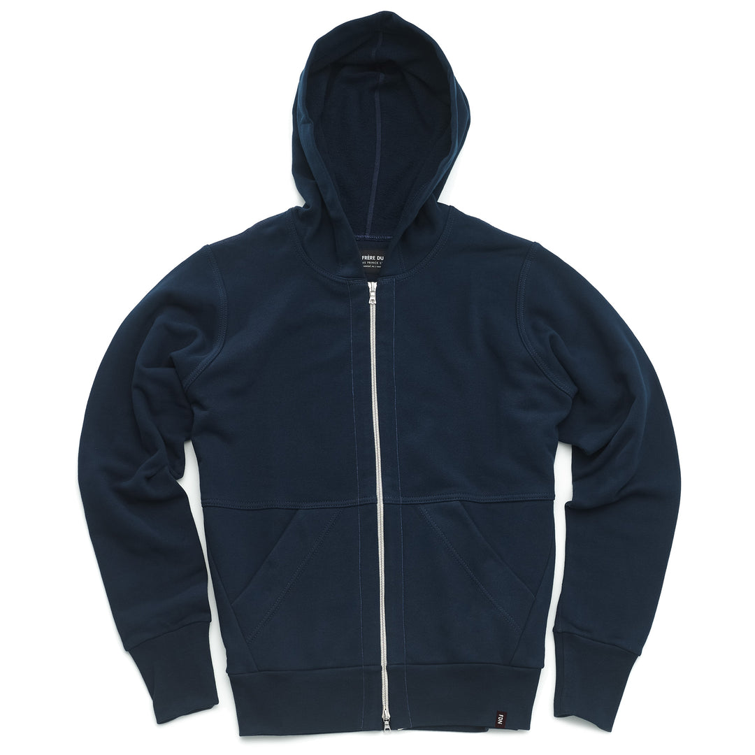 A navy hoodie with silver two way zipper and two front pockets.