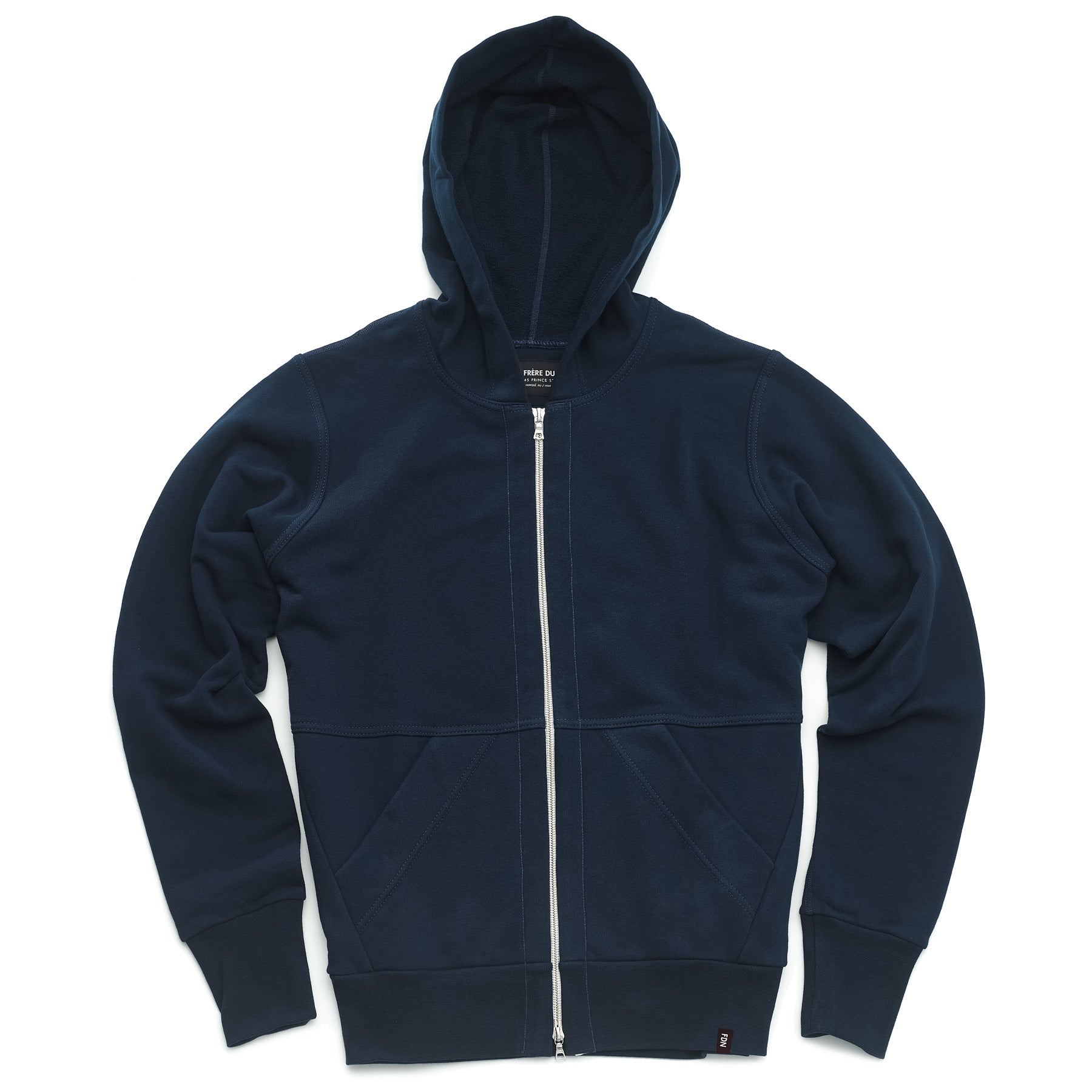 A navy hoodie with silver two way zipper and two front pockets.