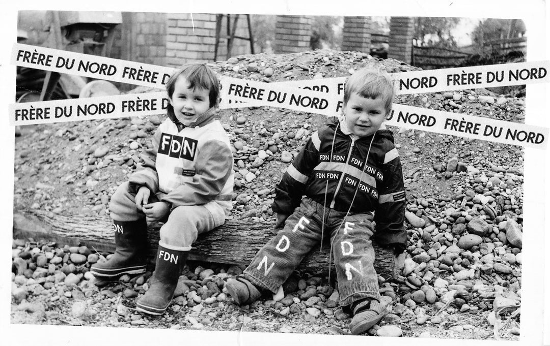 Childhood photo of FRÈRE DU NORD founders and siblings Milena and Duey, playfully edited with FDN branding.