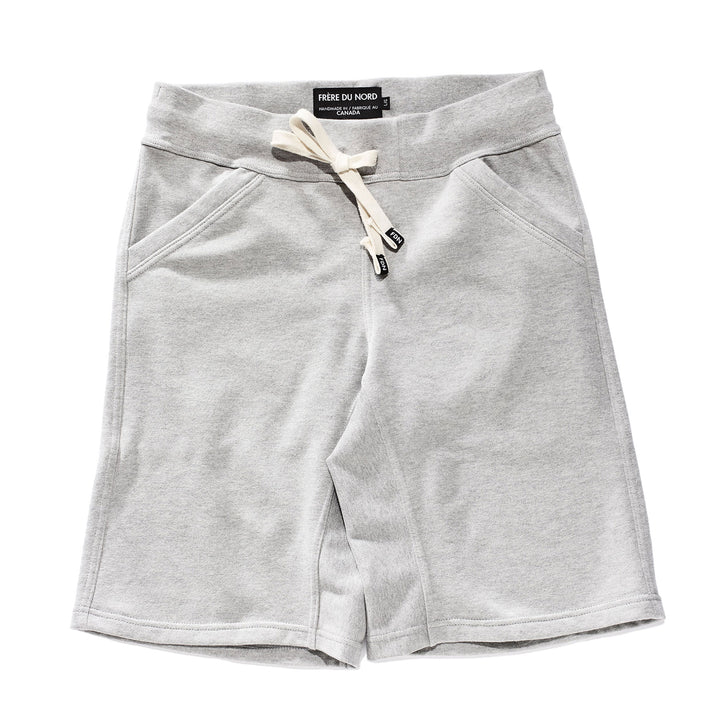 Light Grey Sweat Shorts Sustainable Mens Womens Comfortable Luxury Sueded Napped Soft French Felted Cotton Terry Fabriqué au Canada. Angled front pockets and inner leg rib gusset. Cotton Drawcord clothing made in canada