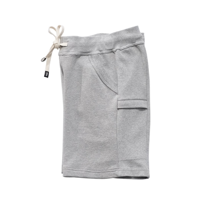 Light Grey Sweat Shorts Sustainable Mens Womens Comfortable Luxury Sueded Napped Soft French Felted Cotton Terry Fabriqué au Canada. Angled front pockets with side cellphone pockets and inner leg rib gusset. Cotton Drawcord clothing made in canada