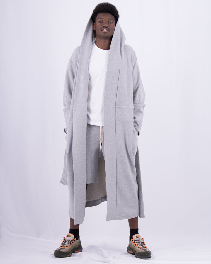Light Grey Sustainable Mens Womens High End Quality Clothing Large Hood Boxers Robe Warm Comfortable Luxury Light Grey Sueded Napped Soft French Felted Cotton Terry with Cell Phone Pockets Flatlocked Seams Coverstitched Fabriqué au Canada clothing made in canada