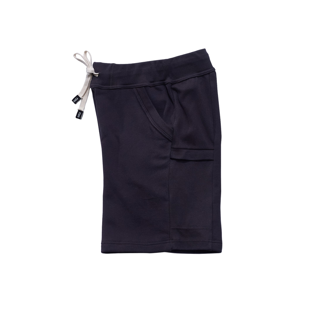 Black Noir Sweat Shorts Sustainable Mens Womens Comfortable Luxury Sueded Napped Soft French Felted Cotton Terry Fabriqué au Canada. Angled front pockets with side cellphone pockets and inner leg rib gusset. Cotton Drawcord clothing made in canada