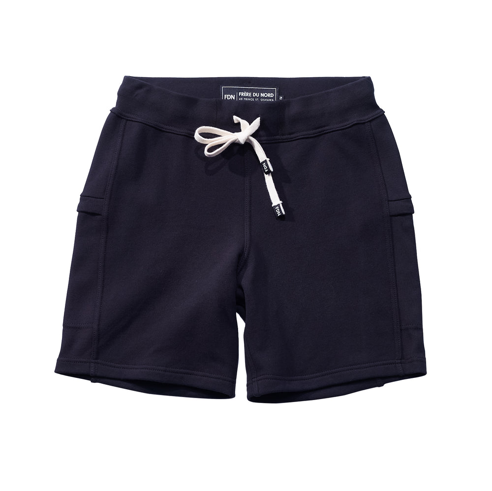 Noir Sweat Shorts Sustainable Mens Womens Comfortable Luxury Sueded Napped Soft French Felted Cotton Terry Fabriqué au Canada. Side cellphone pockets and side leg rib. Cotton Drawcord clothing made in canada