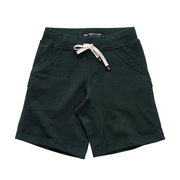 Dark Forest Green Sweat Shorts Sustainable Mens Womens Comfortable Luxury Sueded Napped Soft French Felted Cotton Terry Fabriqué au Canada. Angled front pockets with side cellphone pockets and inner leg rib gusset. Cotton Drawcord clothing made in canada