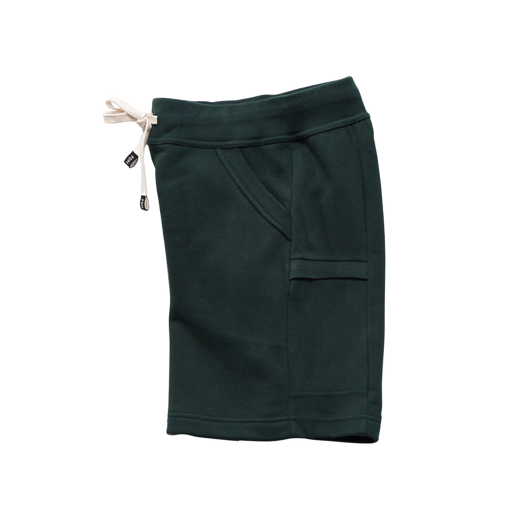 Dark Forest Green Sweat Shorts Sustainable Mens Womens Comfortable Luxury Sueded Napped Soft French Felted Cotton Terry Fabriqué au Canada. Angled front pockets with side cellphone pockets and inner leg rib gusset. Cotton Drawcord clothing made in canada