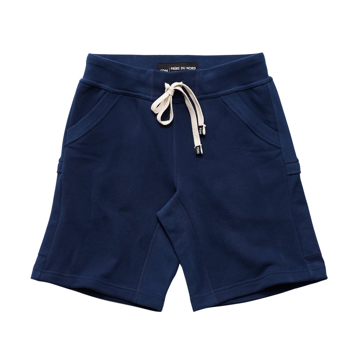 Sustainable Mens Womens Sweat Shorts Comfortable Luxury Dark Blue Sueded Napped Soft French Felted Cotton Terry Fabriqué au Canada. Angled front pockets with side cellphone pockets and inner leg rib gusset. Cotton Drawcord clothing made in canada
