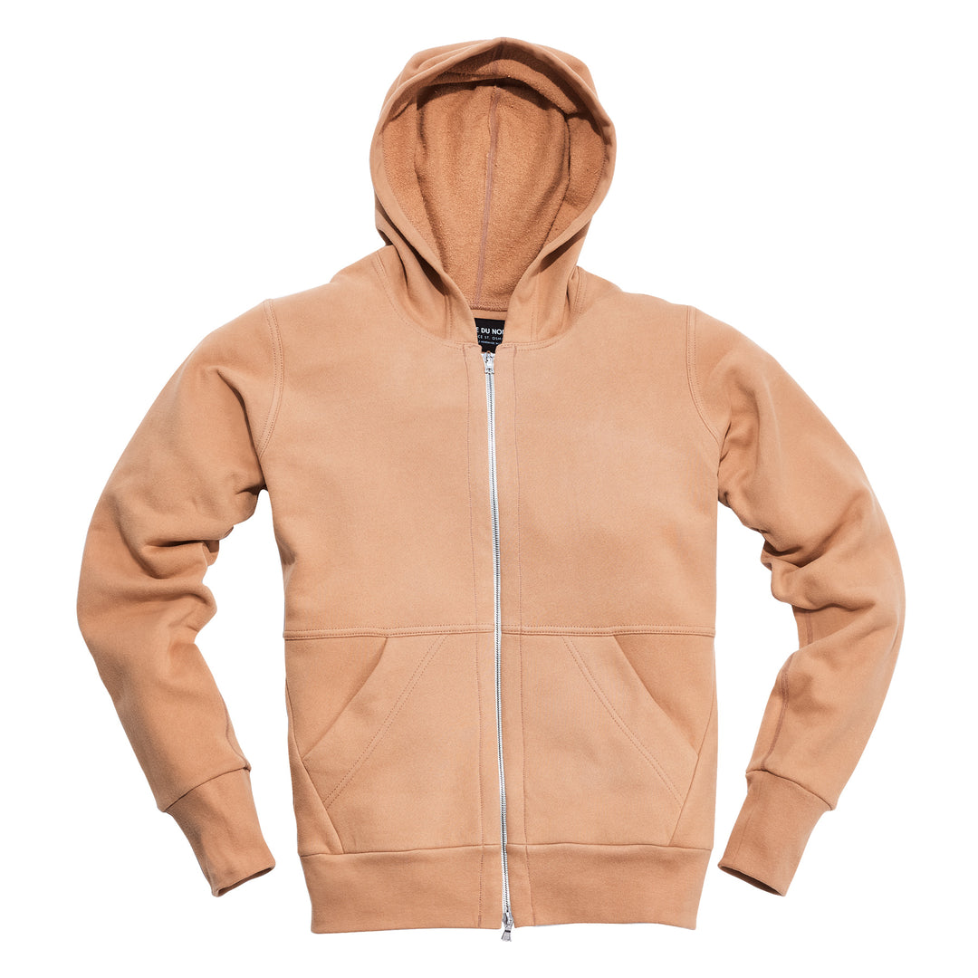 A tan hoodie with silver two way zipper and two front pockets.