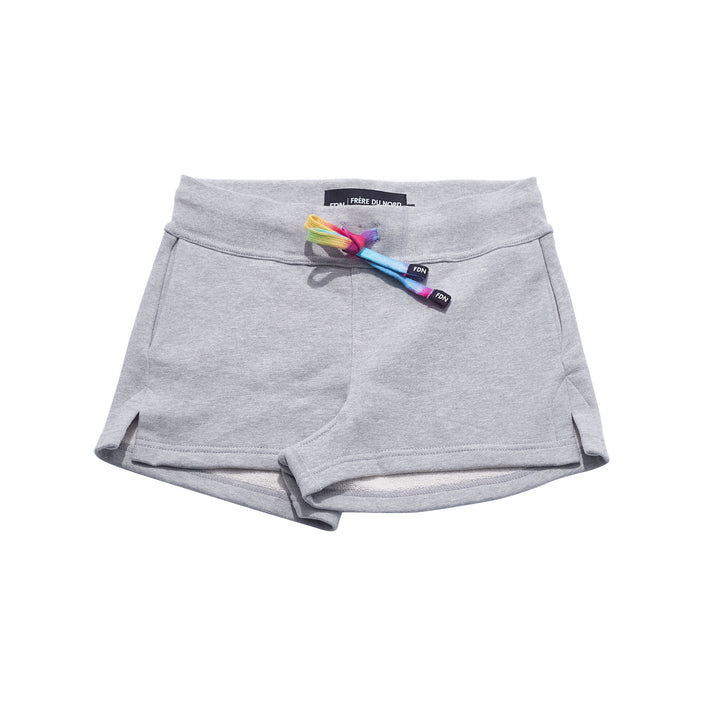 Light Grey Sustainable Mens Womens Sweat Shorts Comfortable Luxury Sueded Napped Soft French Felted Cotton Terry Fabriqué au Canada. Side seam pockets with side slit. Cotton Drawcord clothing made in canada